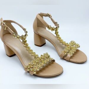 Stuart Weitzman size 6.5 leather block-heel sandal w/gold studded T-strap